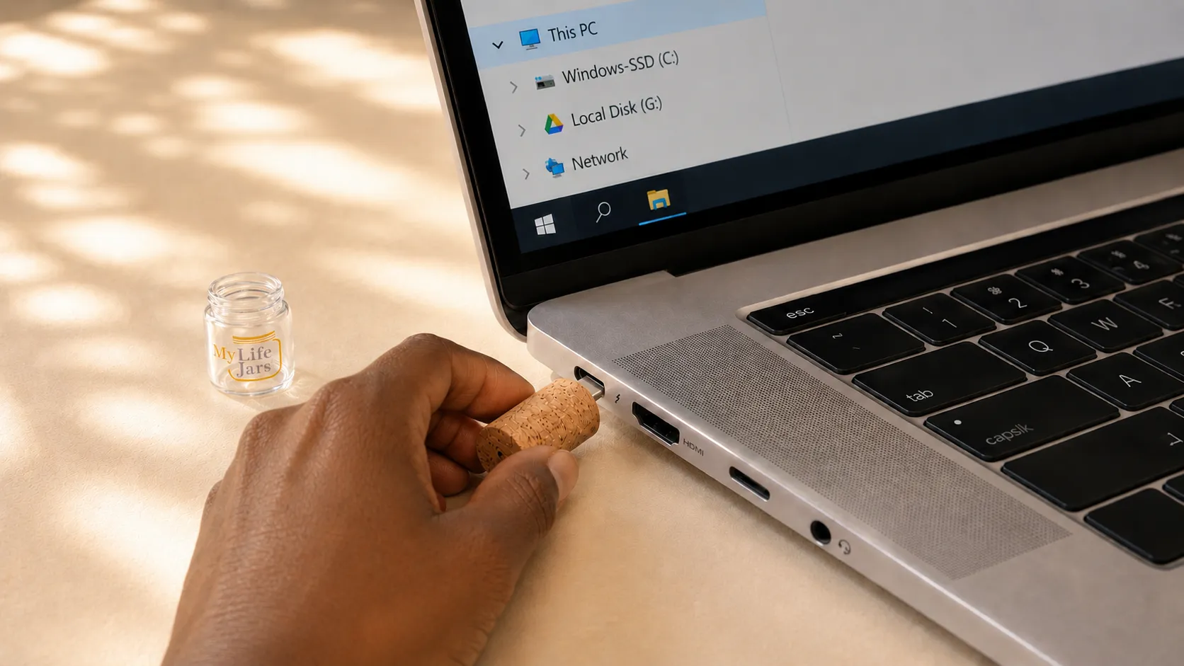 Plugging the Life Jar flash drive into a laptop